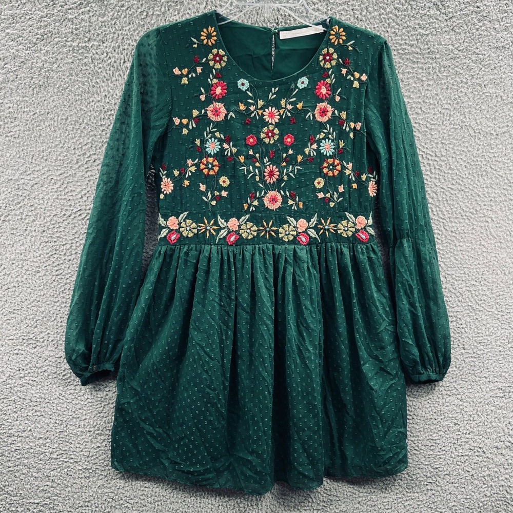 Zara Trafaluc Womens Boho Mini Dress Green Floral‎ Embroidered Cottagecore Artsy